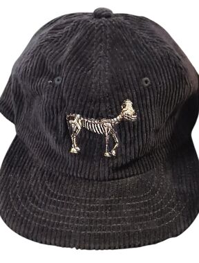 NWOT Black Corduroy Adjustable Unisex Hat with Gold Skeleton Dog Embroidery